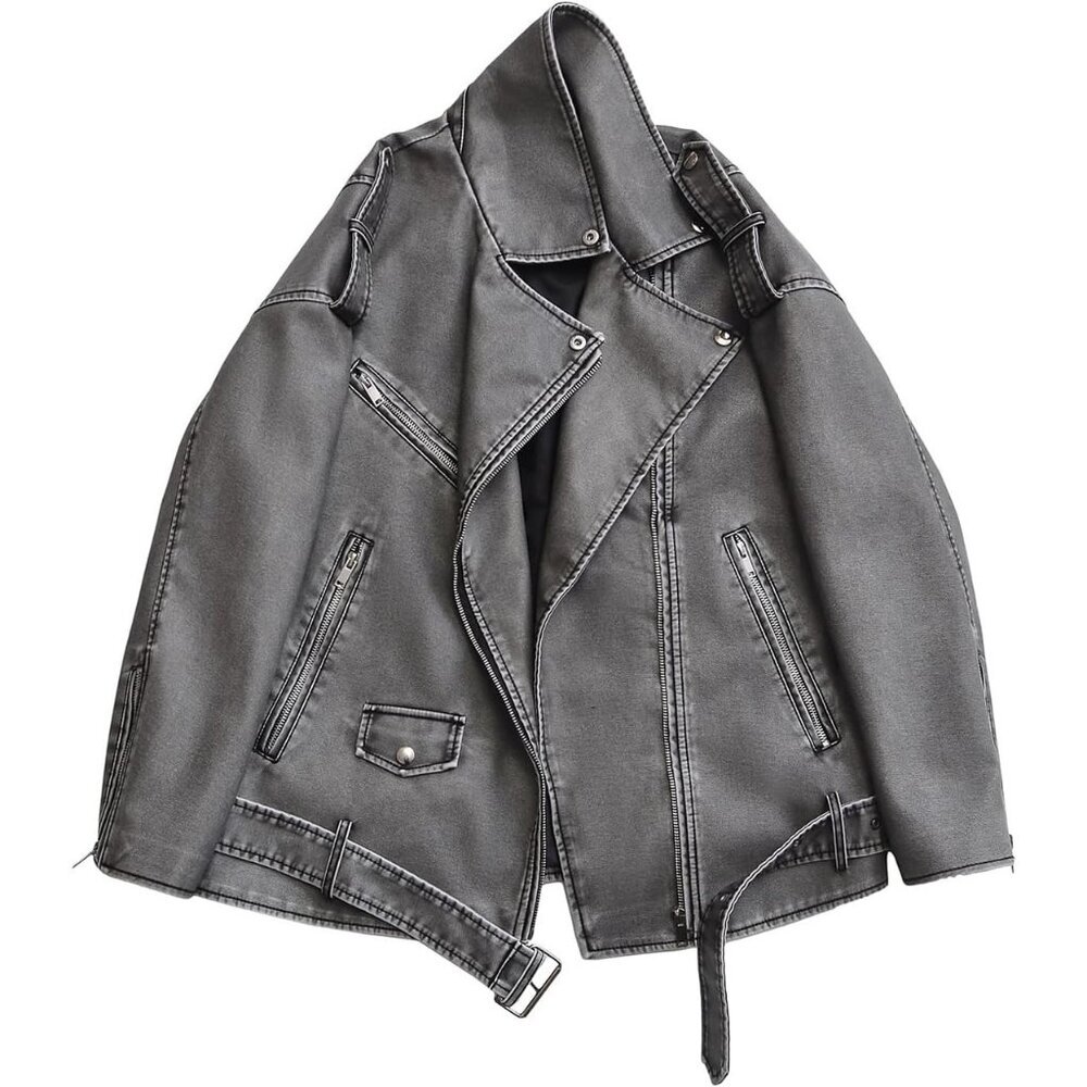 Women's Grey Faux Leather Lapel Collar Zip Up Long Sleeve Short Coat Jacket